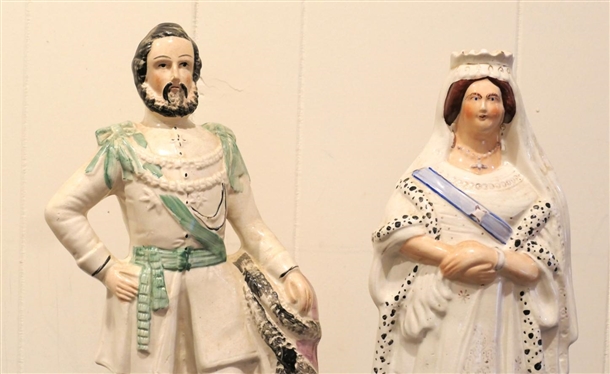 19th Century Staffordshire King and Queen Statues - Queen Elizabeth is 16 3/4 King is 18 Tall - Hairline Crack in Back of Prince Figure 