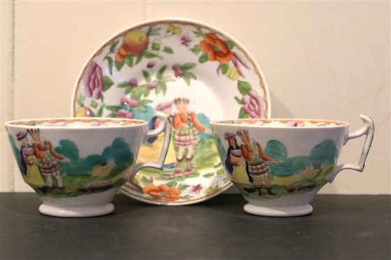 3 Pieces of Beautiful Hand Painted China with Flowers and Pastoral Scenes with Courting Figures and Animals - 2 Tea Cups and 5 1/2 Bowl 