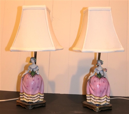 Pair of Beautiful Bavarian Figural Woman Bedroom Lamps - Each Porcelain Woman Figure with Pink Dress - Bases Marked "BAV RT" - Each Lamp is 15" Tall 