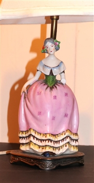 Pair of Beautiful Bavarian Figural Woman Bedroom Lamps - Each Porcelain Woman Figure with Pink Dress - Bases Marked BAV RT - Each Lamp is 15 Tall 