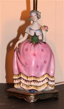 Pair of Beautiful Bavarian Figural Woman Bedroom Lamps - Each Porcelain Woman Figure with Pink Dress - Bases Marked BAV RT - Each Lamp is 15 Tall 