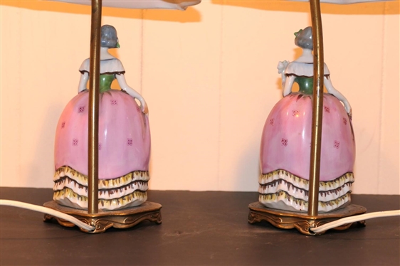 Pair of Beautiful Bavarian Figural Woman Bedroom Lamps - Each Porcelain Woman Figure with Pink Dress - Bases Marked BAV RT - Each Lamp is 15 Tall 