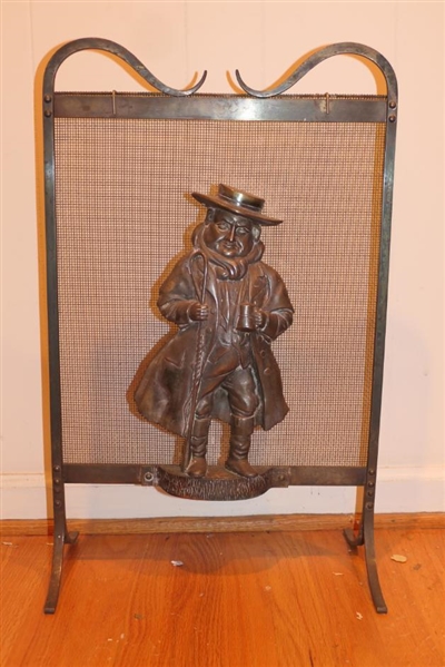 Unusual Brass Fire Screen with Heavy Embossed Brass Gentleman Plaque attached To Fire Screen - Frame is 26" tall 20" Wide