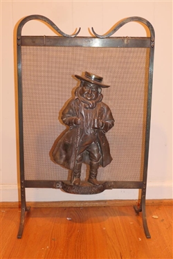 Unusual Brass Fire Screen with Heavy Embossed Brass Gentleman Plaque attached To Fire Screen - Frame is 26 tall 20 Wide