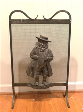 Unusual Brass Fire Screen with Heavy Embossed Brass Gentleman Plaque attached To Fire Screen - Frame is 26 tall 20 Wide