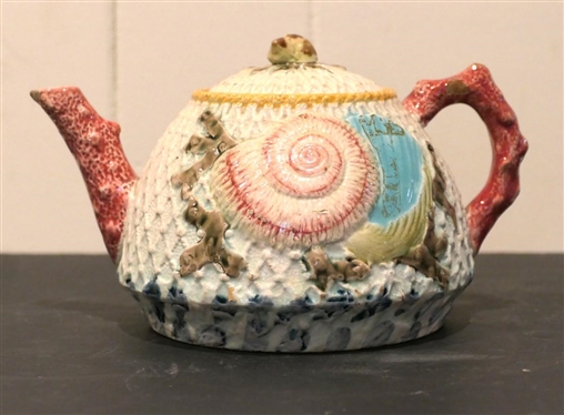 Early 19th Century English Tea Pot - Shell Motif with Coral Handle - Small Chip on Spout and Some Glaze Loss to Handle - Tea Pot is 5 Tall 7 Spout to Handle