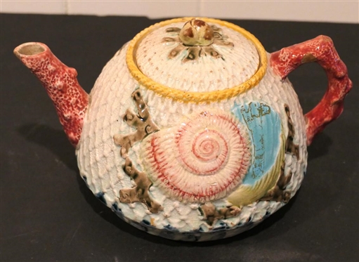 Early 19th Century English Tea Pot - Shell Motif with Coral Handle - Small Chip on Spout and Some Glaze Loss to Handle - Tea Pot is 5 Tall 7 Spout to Handle