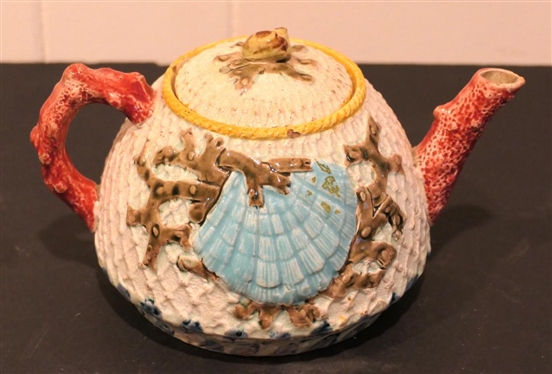 Early 19th Century English Tea Pot - Shell Motif with Coral Handle - Small Chip on Spout and Some Glaze Loss to Handle - Tea Pot is 5 Tall 7 Spout to Handle