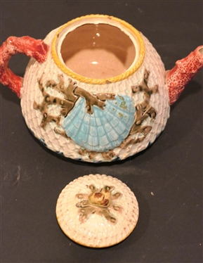 Early 19th Century English Tea Pot - Shell Motif with Coral Handle - Small Chip on Spout and Some Glaze Loss to Handle - Tea Pot is 5 Tall 7 Spout to Handle