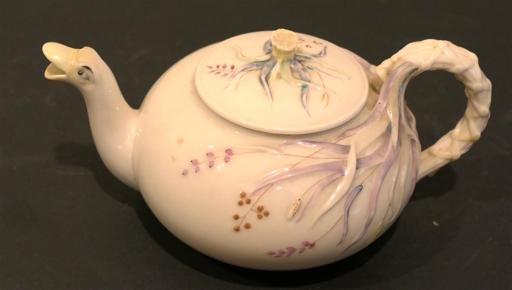 Belleek Swan Tea Pot - Swan Spout with Molded Handle and Leaves - Tea Pot is 4" Tall 8 1/4" Spout to Handle - Black Mark