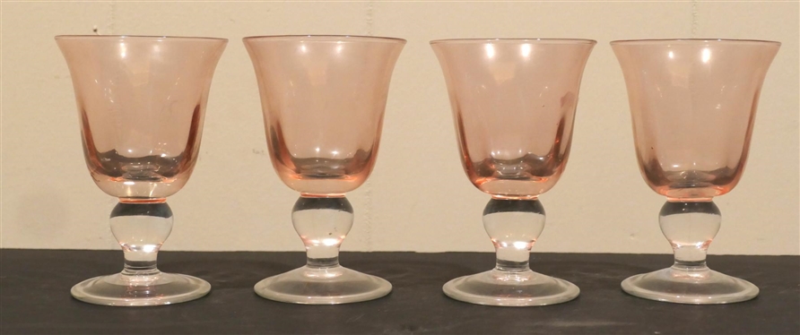 4 Pink Glasses with Clear Applied Foot - Ribbed Body - Each Goblet is 5 1/2 Tall 
