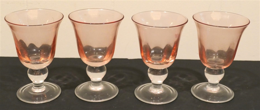4 Pink Glasses with Clear Applied Foot - Ribbed Body - Each Goblet is 5 1/2 Tall 