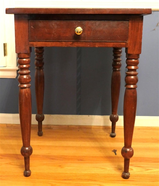 19 Century Walnut Sheraton Table - Beaded Drawer Front Drawer is Finely Dovetailed in Front and Back -Original Grain (Faux Bois)  Painted -  Hand Turned Legs - One Board Table Top - Table is 19"...