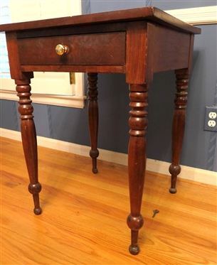 19 Century Walnut Sheraton Table - Beaded Drawer Front Drawer is Finely Dovetailed in Front and Back -Original Grain (Faux Bois)  Painted -  Hand Turned Legs - One Board Table Top - Table is 19...