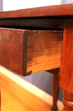 19 Century Walnut Sheraton Table - Beaded Drawer Front Drawer is Finely Dovetailed in Front and Back -Original Grain (Faux Bois)  Painted -  Hand Turned Legs - One Board Table Top - Table is 19...