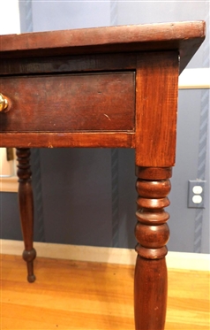 19 Century Walnut Sheraton Table - Beaded Drawer Front Drawer is Finely Dovetailed in Front and Back -Original Grain (Faux Bois)  Painted -  Hand Turned Legs - One Board Table Top - Table is 19...