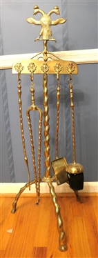 Awesome Oriental Brass Fire Place Tool Set - Double Headed Bird At Top - North Wind Hooks - Twisted Brass Frame, Legs, and Handles - Stand is 39 Tall 