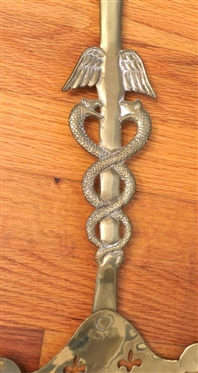 Unusual Ornate Brass Fire Shovel with Double Serpents and Wings on Handle - Pierced Scoop with Swags and Fleur De Lis - Brass Shovel is 24 Long - Stamped R 568501 on Back of Handle 