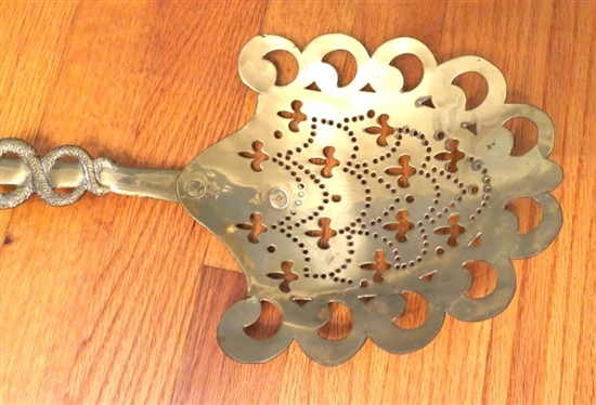 Unusual Ornate Brass Fire Shovel with Double Serpents and Wings on Handle - Pierced Scoop with Swags and Fleur De Lis - Brass Shovel is 24 Long - Stamped R 568501 on Back of Handle 