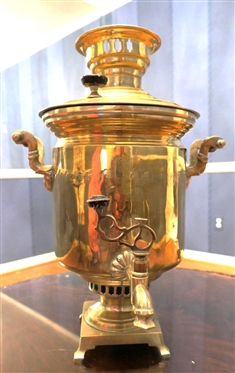 19th Century Russian Brass Samovar - Many Stamps on Front - Footed Brass Base - Spout on Front and Wood Handles - Samovar Measures 20 Tall 