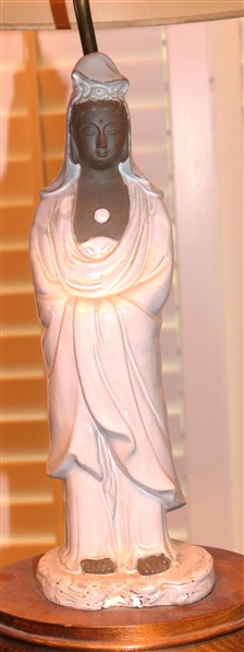 Thai Empress / Princess Lamp - Pottery Figure Atop  Oval Solid Wood Base - Lamp is 22" To Bulb - Woven Shade