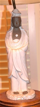 Thai Empress / Princess Lamp - Pottery Figure Atop  Oval Solid Wood Base - Lamp is 22 To Bulb - Woven Shade