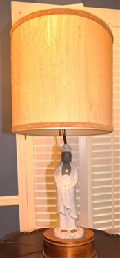 Thai Empress / Princess Lamp - Pottery Figure Atop  Oval Solid Wood Base - Lamp is 22 To Bulb - Woven Shade