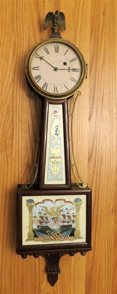 Federal Banjo Clock with Reverse Panted Fronts - "Perrys Victory" Painted on Door - Chiming Movement - Brass Eagle Finial and Gallery - Clock is 40" Long 