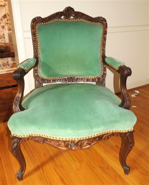 Nice Ornate French Arm Chair with Green Velvet Upholstery - Carved Frame - Nail Head Trim - Chair is 39 1/2" Tall 30" Wide