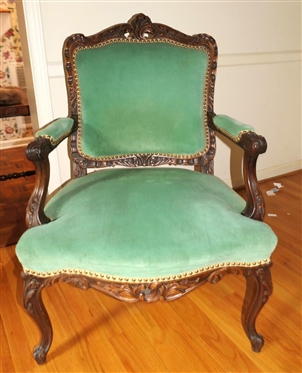 Nice Ornate French Arm Chair with Green Velvet Upholstery - Carved Frame - Nail Head Trim - Chair is 39 1/2 Tall 30 Wide