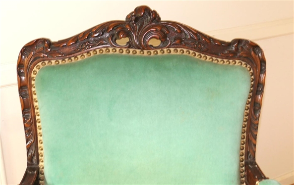 Nice Ornate French Arm Chair with Green Velvet Upholstery - Carved Frame - Nail Head Trim - Chair is 39 1/2 Tall 30 Wide