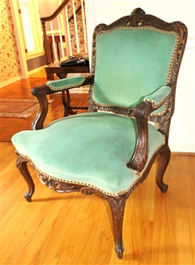 Nice Ornate French Arm Chair with Green Velvet Upholstery - Carved Frame - Nail Head Trim - Chair is 39 1/2 Tall 30 Wide