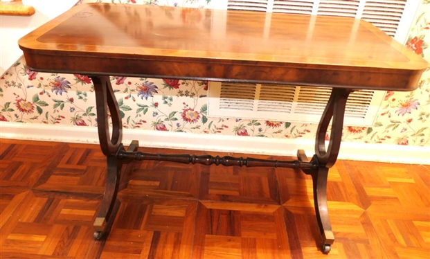 Rectangular Mahogany Inlaid Occasional Table with String and Burl Inlay - Ducan Phyfe Style with Turned Stretcher Base - Table is 24 tall 36 by 18 