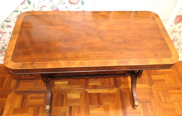 Rectangular Mahogany Inlaid Occasional Table with String and Burl Inlay - Ducan Phyfe Style with Turned Stretcher Base - Table is 24 tall 36 by 18 