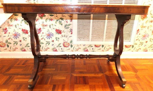 Rectangular Mahogany Inlaid Occasional Table with String and Burl Inlay - Ducan Phyfe Style with Turned Stretcher Base - Table is 24 tall 36 by 18 