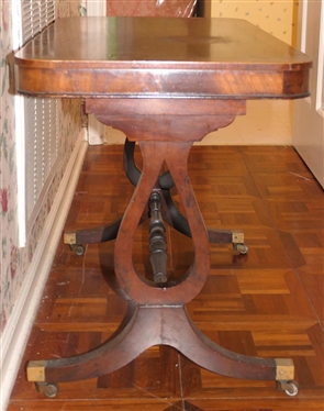 Rectangular Mahogany Inlaid Occasional Table with String and Burl Inlay - Ducan Phyfe Style with Turned Stretcher Base - Table is 24 tall 36 by 18 