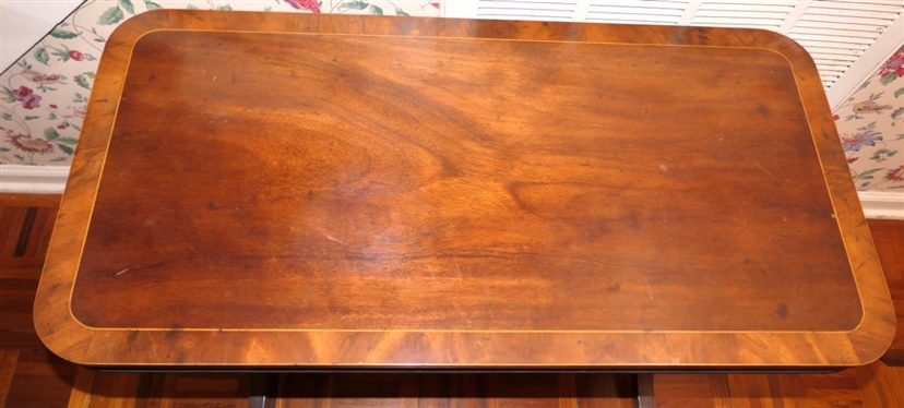 Rectangular Mahogany Inlaid Occasional Table with String and Burl Inlay - Ducan Phyfe Style with Turned Stretcher Base - Table is 24 tall 36 by 18 