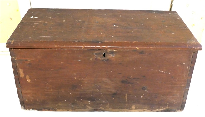 19th Century Pine Country Primitive Chest - Dovetailed Case - Chamfered Top - Box is 14 Tall 30 by 15 - Box Has Some Separation to Dovetails on One End - Some Damage Around Bottom Edge 