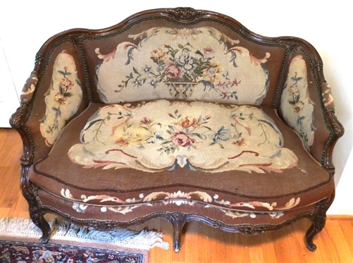 Excellent French Settee with Needlepoint Upholstery - Carved Frame - Flowers and Urn Upholstery with Brown Velvet Back and Ends - Sofa is 32 1/2 Tall 48 Long