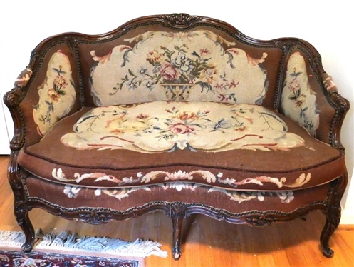 Excellent French Settee with Needlepoint Upholstery - Carved Frame - Flowers and Urn Upholstery with Brown Velvet Back and Ends - Sofa is 32 1/2 Tall 48 Long
