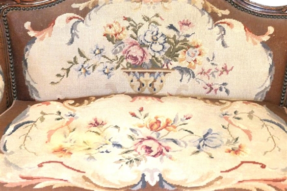 Excellent French Settee with Needlepoint Upholstery - Carved Frame - Flowers and Urn Upholstery with Brown Velvet Back and Ends - Sofa is 32 1/2 Tall 48 Long