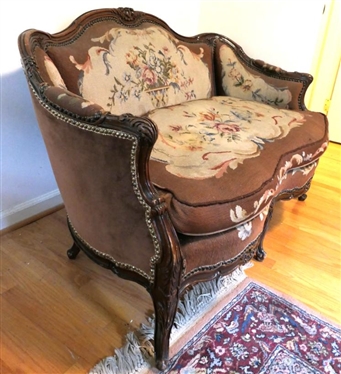 Excellent French Settee with Needlepoint Upholstery - Carved Frame - Flowers and Urn Upholstery with Brown Velvet Back and Ends - Sofa is 32 1/2 Tall 48 Long