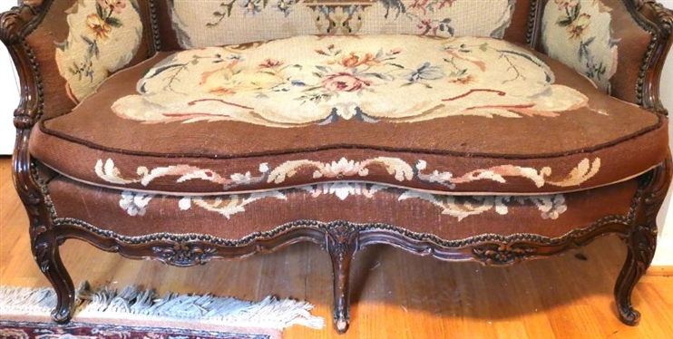 Excellent French Settee with Needlepoint Upholstery - Carved Frame - Flowers and Urn Upholstery with Brown Velvet Back and Ends - Sofa is 32 1/2 Tall 48 Long