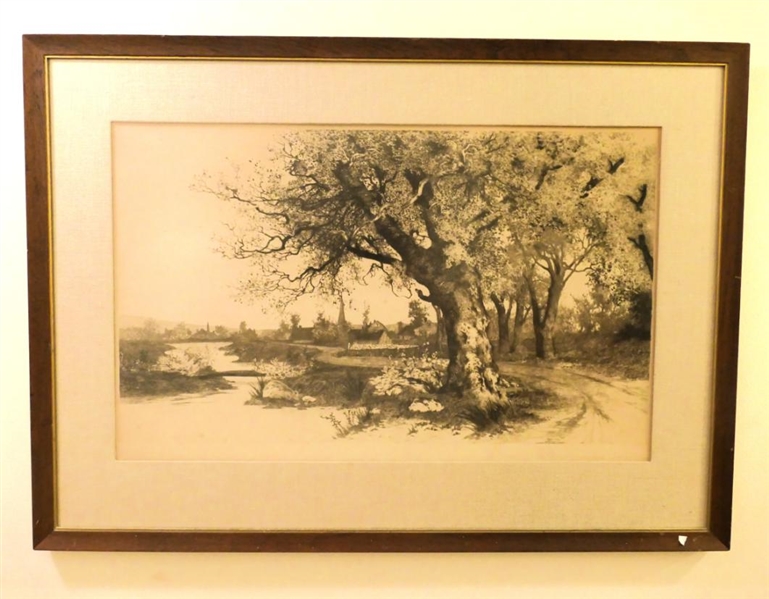 "A Glimpse of the Village" Etching by Ernest C. Rost - 19th Century Etching Framed and Matted - Frame is 24" by 34" 