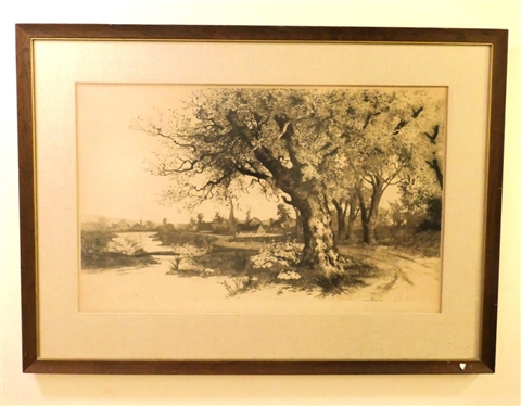 A Glimpse of the Village Etching by Ernest C. Rost - 19th Century Etching Framed and Matted - Frame is 24 by 34 