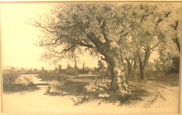 A Glimpse of the Village Etching by Ernest C. Rost - 19th Century Etching Framed and Matted - Frame is 24 by 34 