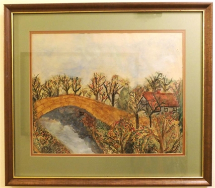 Watercolor Painting of Fall Scene - Trees and Barn - Attractively Framed and Double Matted - Frame is 20 by 22 1/2