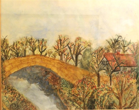 Watercolor Painting of Fall Scene - Trees and Barn - Attractively Framed and Double Matted - Frame is 20 by 22 1/2