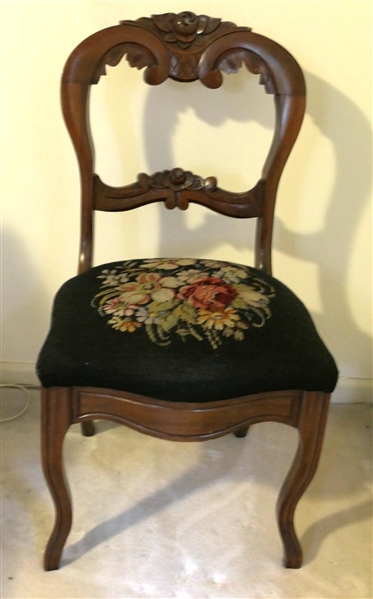 Mahogany Victorian Carved Side Chair with Needlepoint Seat - Balloon Back with Carved Roses - Chair is 34" Tall 