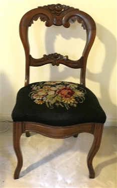 Mahogany Victorian Carved Side Chair with Needlepoint Seat - Balloon Back with Carved Roses - Chair is 34 Tall 